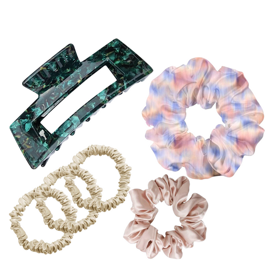 All in One Elegance Ensemble - Scrunchies, Hair Ties, and Claw Clip!