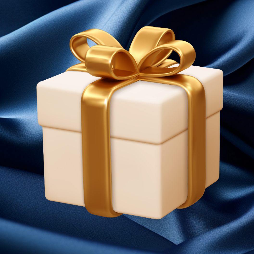 Navy blue silk background with a pink and gold gift box, styled as a luxury mystery box for silk scrunchies