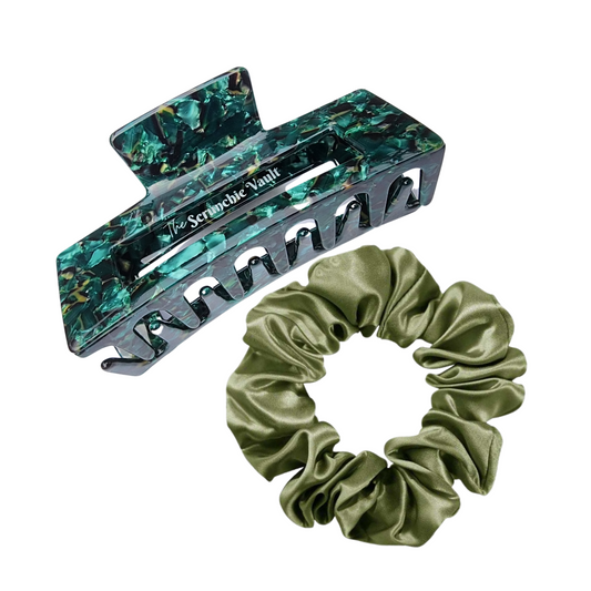 Green Dream Team: Sage Scrunchie + Emerald Claw Clip Duo