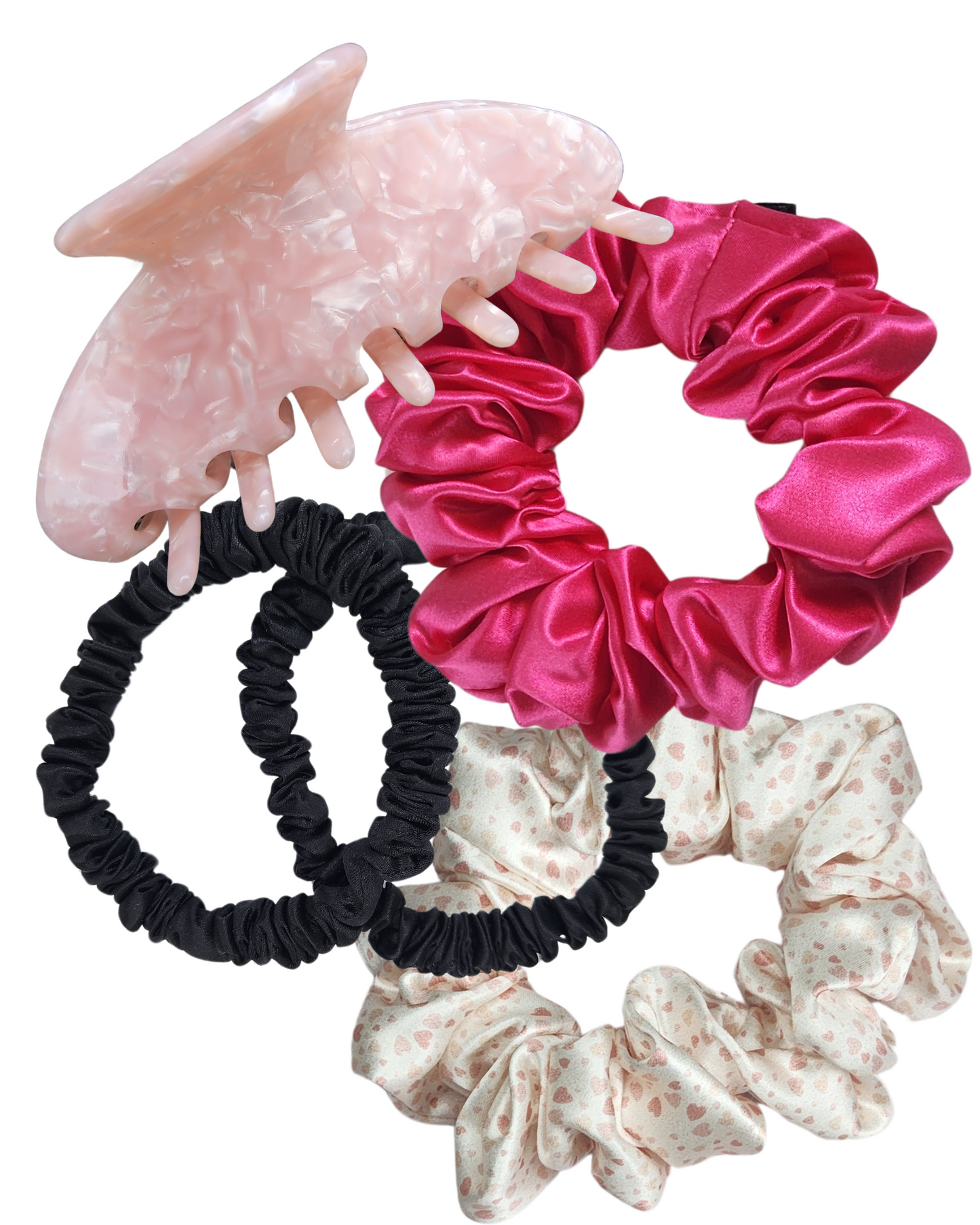 The Silk Survival Kit – gift set with 22 momme Mulberry Silk scrunchies in plain, printed, and thin styles plus eco-friendly claw clip, perfect for everyday hair care.