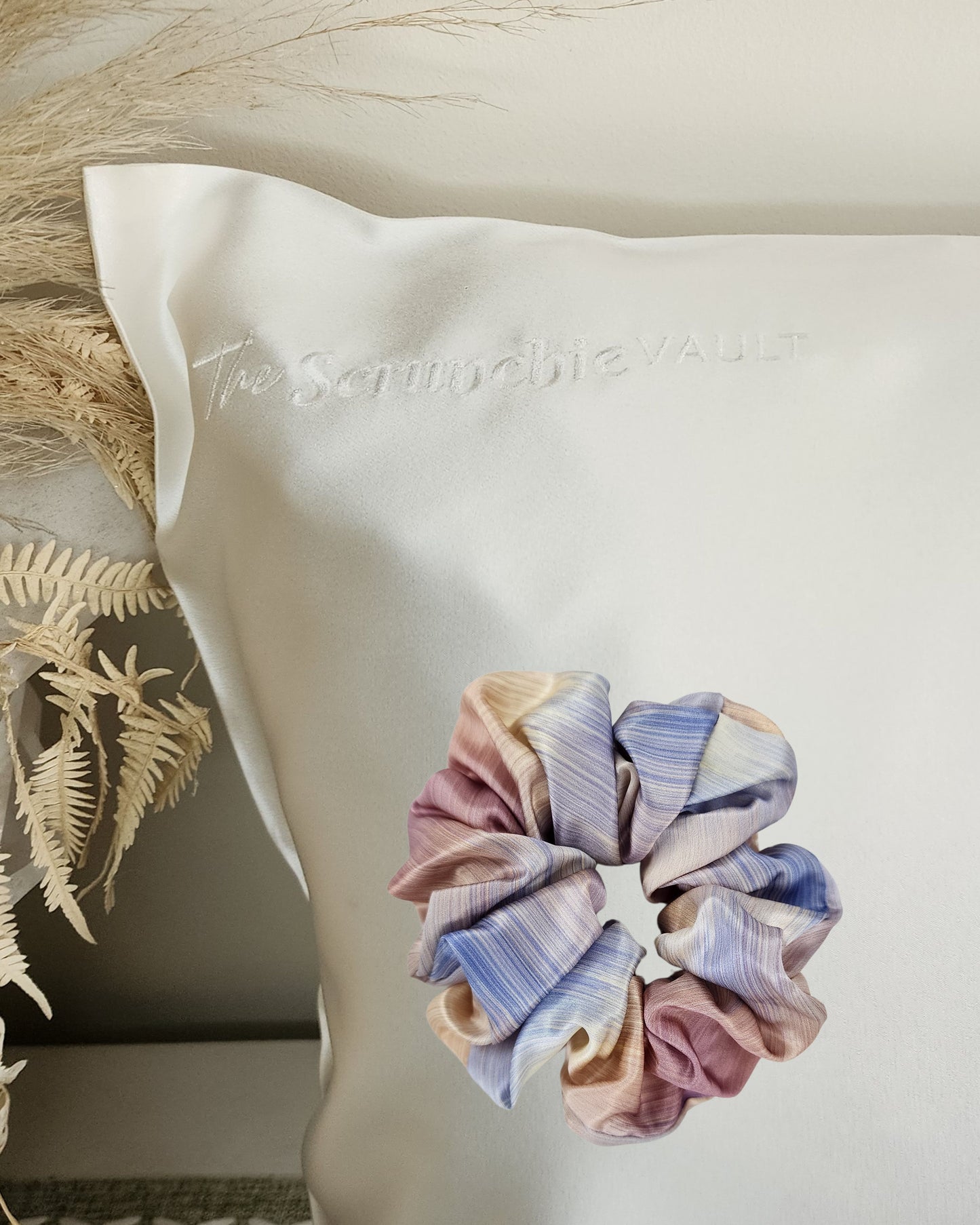 Ultimate Self-Care Gift – 22 momme Mulberry Silk pillowcase and oversized printed scrunchie styled together, the perfect thoughtful gift for rest and hair care.