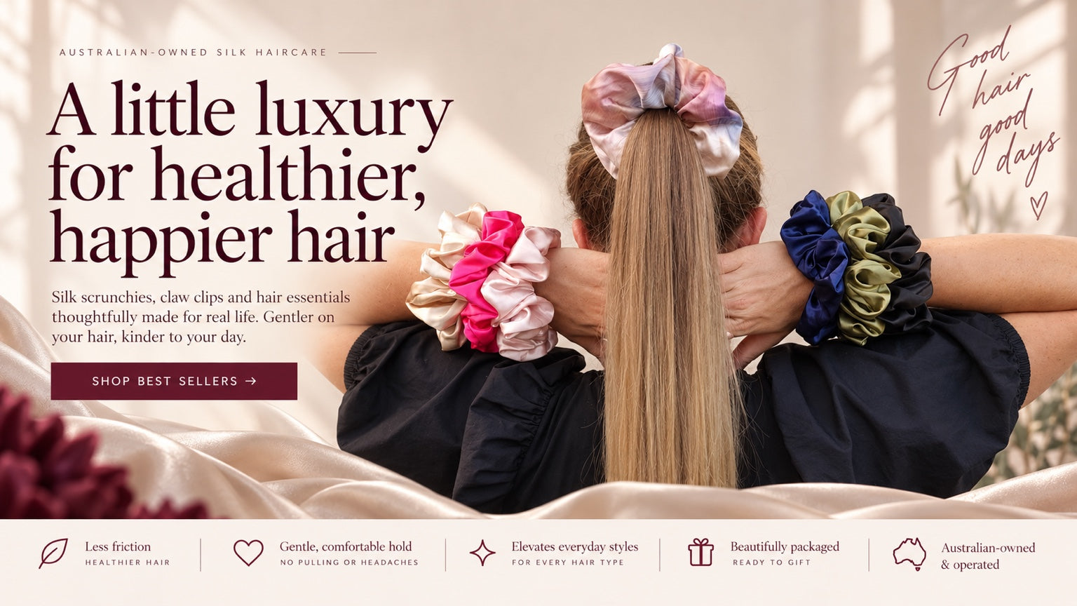 Pastel Mulberry silk scrunchie in a ponytail, with colourful scrunchies on both wrists