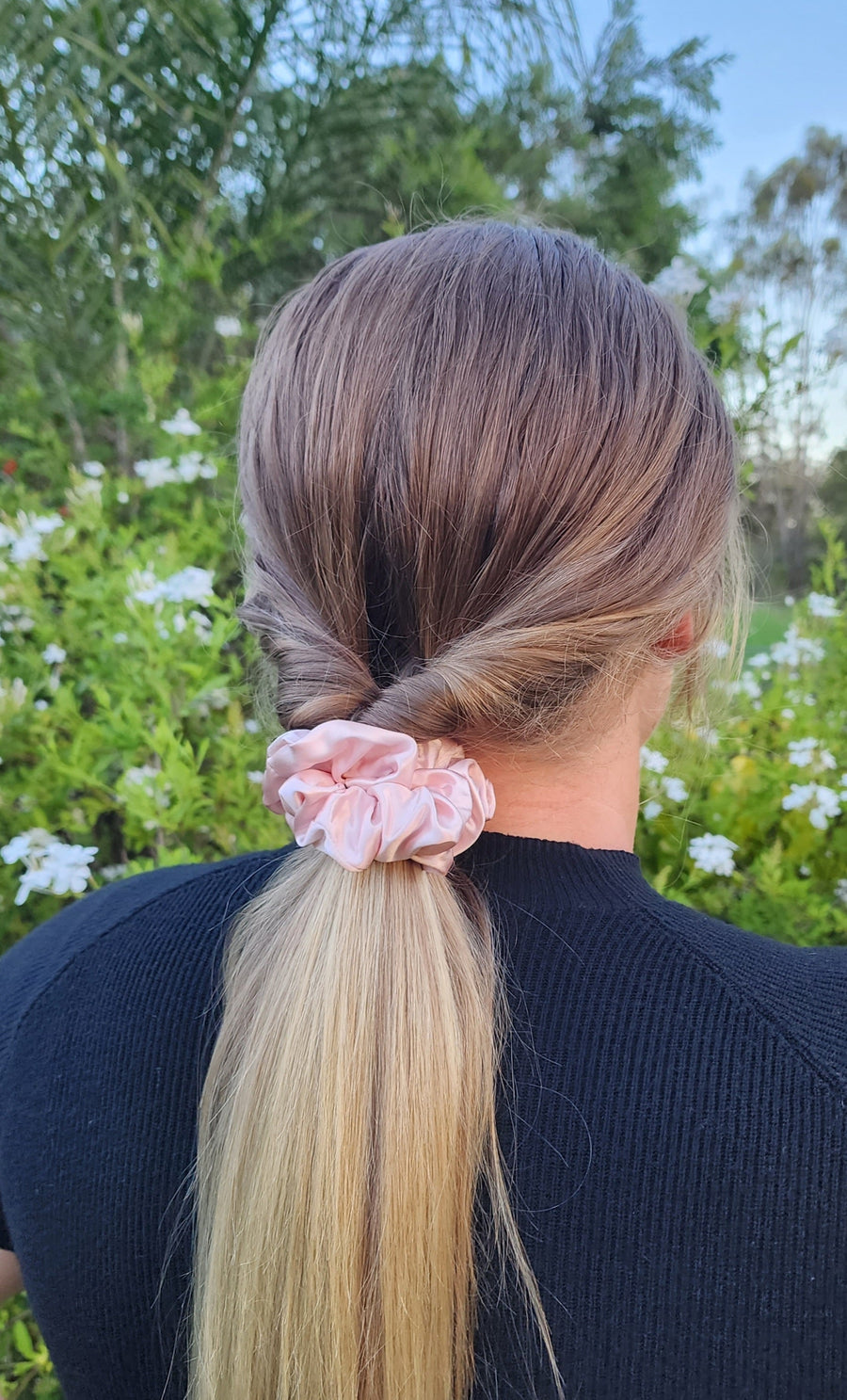 Sugar Kiss Classic pink silk scrunchie styling an everyday ponytail