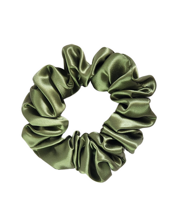 Botanical classic mulberry silk scrunchie in green on a white background