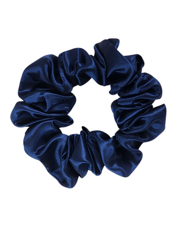 Midnight Tide classic mulberry silk scrunchie in navy blue on a white background