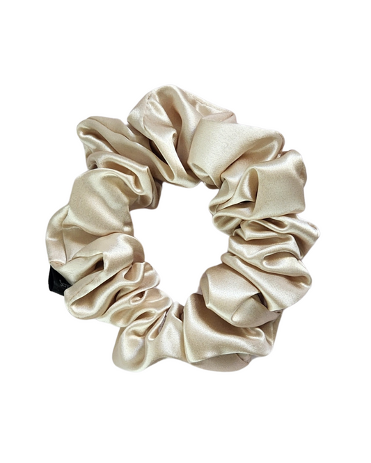 Oat Milk classic mulberry silk scrunchie on white background – 22 momme silk scrunchie for women in Australia, reduces breakage, soft healthy hair styling.