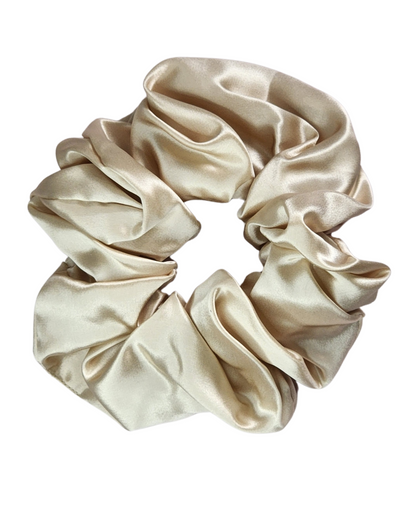 Oat Milk oversized mulberry silk scrunchie on white background – large premium silk scrunchie for women in Australia, soft hold, perfect for healthy, frizz-free hair.