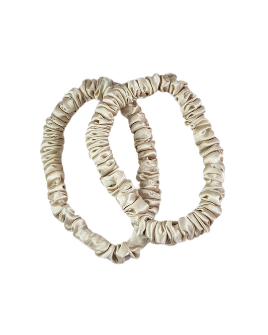 Oat Milk thin mulberry silk scrunchie duo on white background – premium 22 momme silk hair ties for women in Australia, gentle on fine hair, eco-friendly luxury scrunchies.
