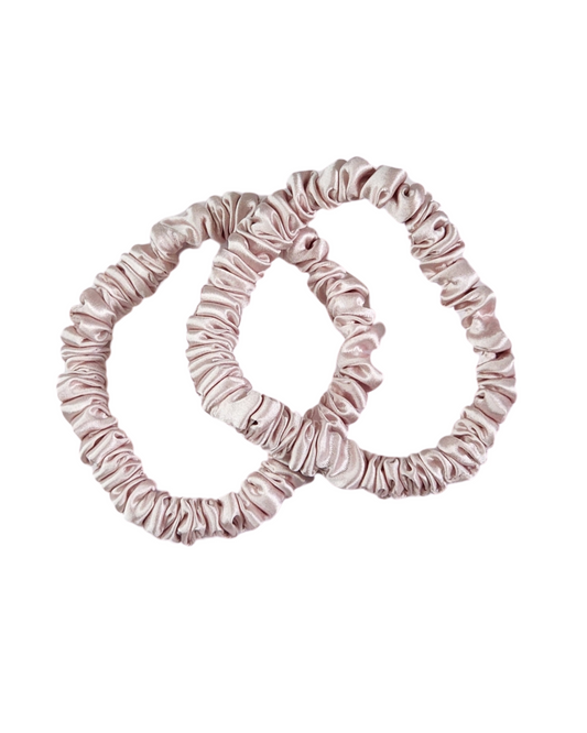 Sugar Kiss thin mulberry silk scrunchie duo on white background – 1cm wide silk scrunchies for women, soft hold, frizz-free styling, luxury silk hair ties Australia.