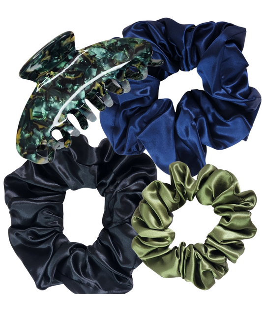 Big-League Silk Set – gift set with 2 oversized and 1 classic 22 momme Mulberry Silk scrunchies and eco-friendly claw clip, ideal for thick hair and luxe styling.