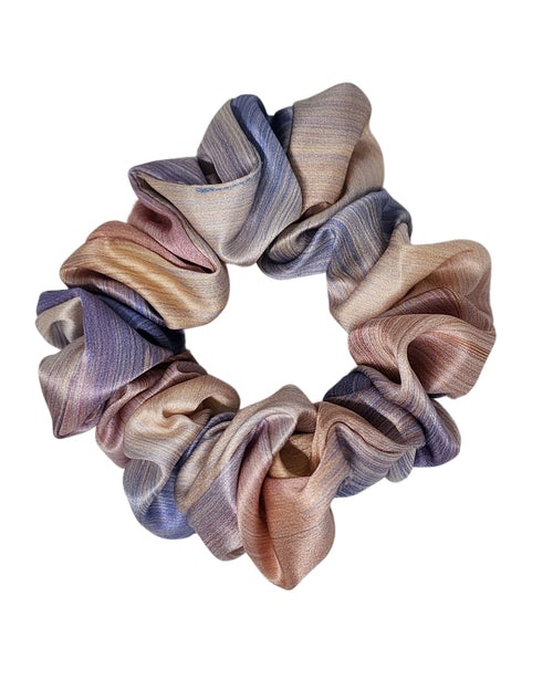 Daydream classic mulberry silk scrunchie in pastel blue, pink and cream on a white background