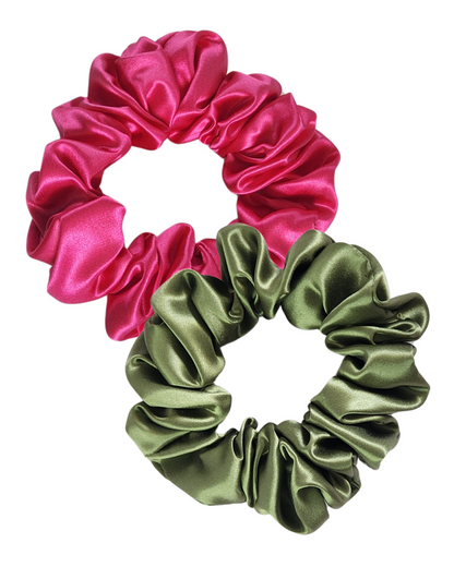 Everyday Essentials Set – 2 different coloured 22 momme Classic Mulberry Silk scrunchies on white background, perfect for daily styling and hair protection.