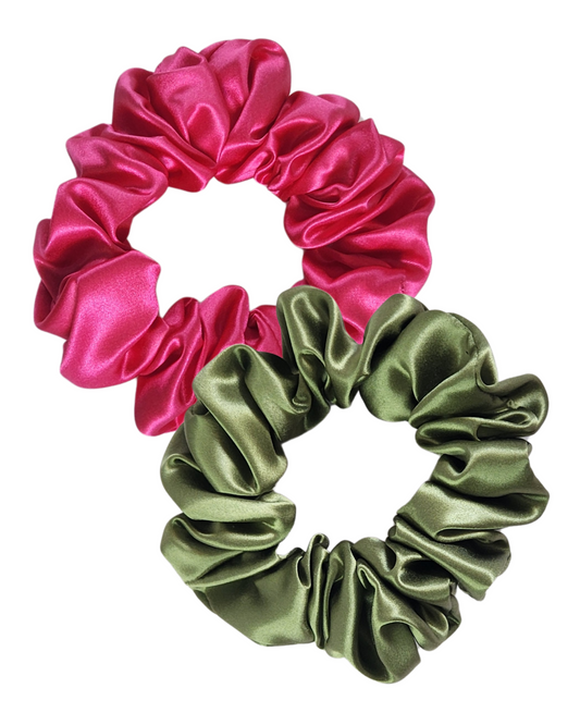 Everyday Essentials Set – 2 different coloured 22 momme Classic Mulberry Silk scrunchies on white background, perfect for daily styling and hair protection.