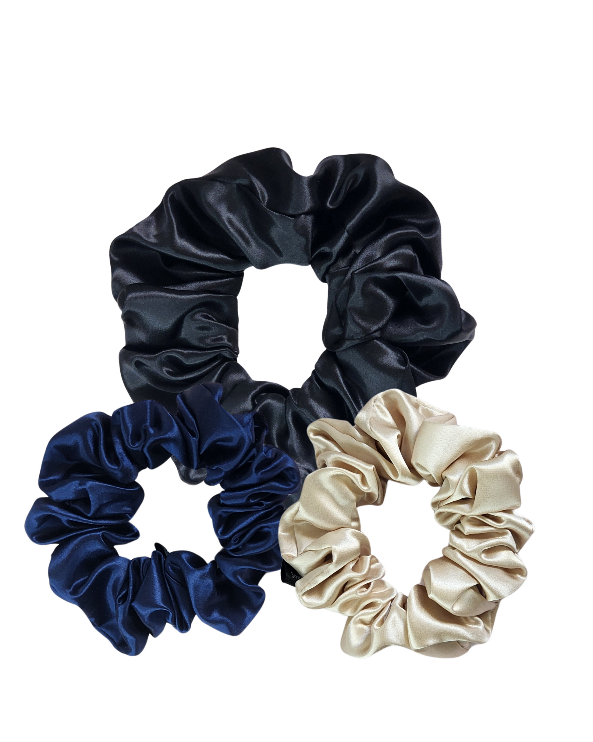 Hair Health Heroes Set – bundle of 2 classic and 1 oversized 22 momme Mulberry Silk scrunchies in coloured tones, styled for healthy hair and everyday luxury.