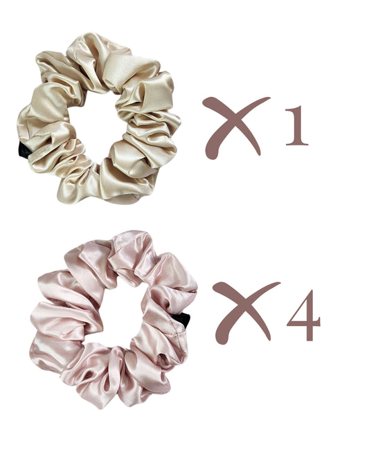 The I Do Crew – Medium Bridal Party Set with 5 Mulberry Silk scrunchies: 4 Sugar Kiss pink for bridesmaids and 1 Oat Milk for the bride. Elegant bridal gift bundle.