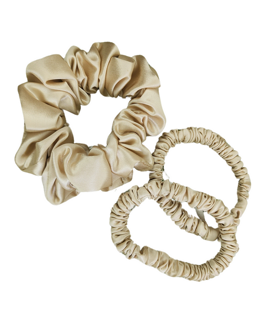 The Mini Must-Haves Set – 22 momme Classic Silk Scrunchie and Thin Duo in matching colour, displayed together for everyday hair styling and silk hair care.