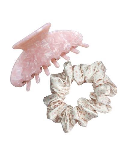 Mother’s Love Bundle – 22 momme printed Mulberry Silk scrunchie and eco-friendly claw clip gift set on white background, perfect for mum, bridesmaids, and luxe gifting.