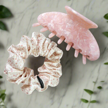 Mother’s Love Bundle – 22 momme printed Mulberry Silk scrunchie and eco-friendly claw clip gift set on marble background, perfect for mum, bridesmaids, and luxe gifting.