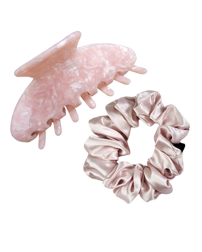 Mum’s Mini Silk Set – 22 momme Mulberry Silk Scrunchie and eco-friendly claw clip on white background, luxury gift set for mums and bridesmaids in Australia.