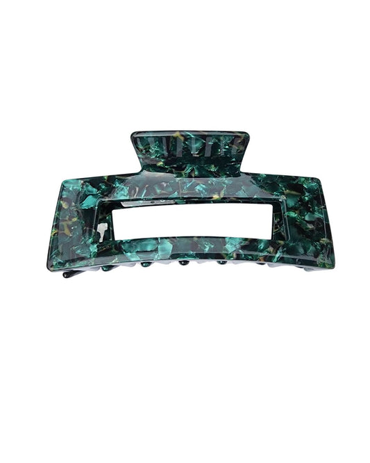 Green rectangular acetate claw clip with cutout design – stylish, eco-conscious hair clip from The Scrunchie Vault for Australian women. Lightweight, strong hold, perfect for thick or fine hair.