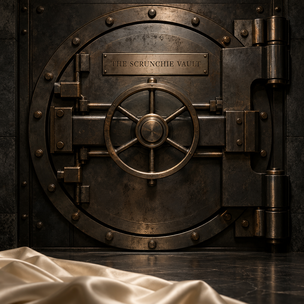 The closed steel vault engraved The Scrunchie Vault, with ivory silk in front.