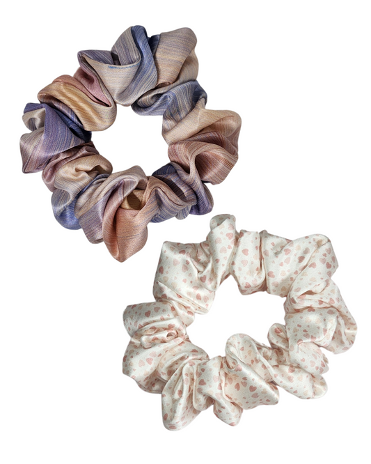 Silk Sweetheart Bundle – 2 different printed 22 momme Mulberry Silk scrunchies, premium gift set for mums, bridesmaids, and everyday luxury.