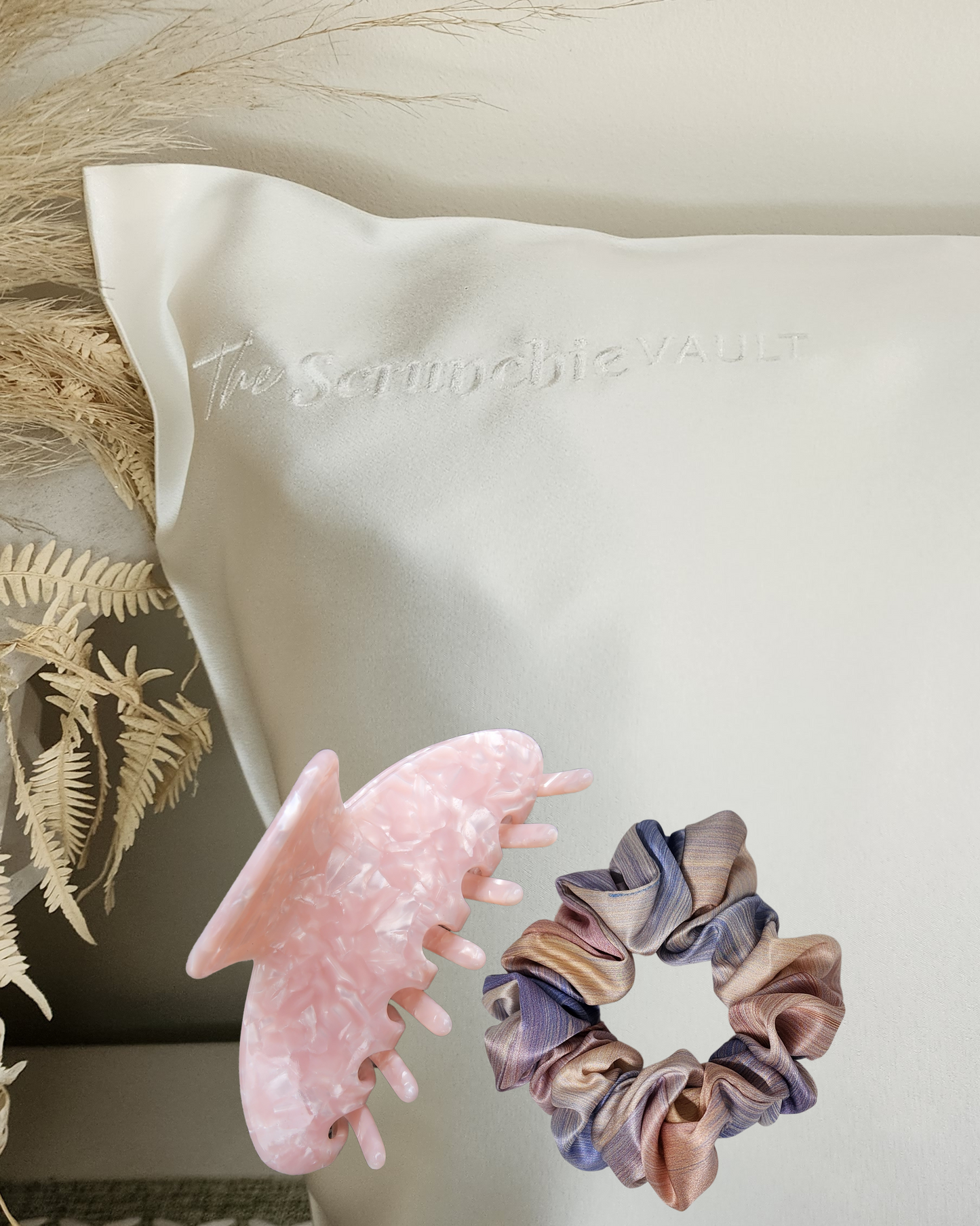 The Sleep & Style Set – 22 momme Mulberry Silk pillowcase with printed silk scrunchie and eco claw clip, styled for luxurious sleep and effortless daytime hair.