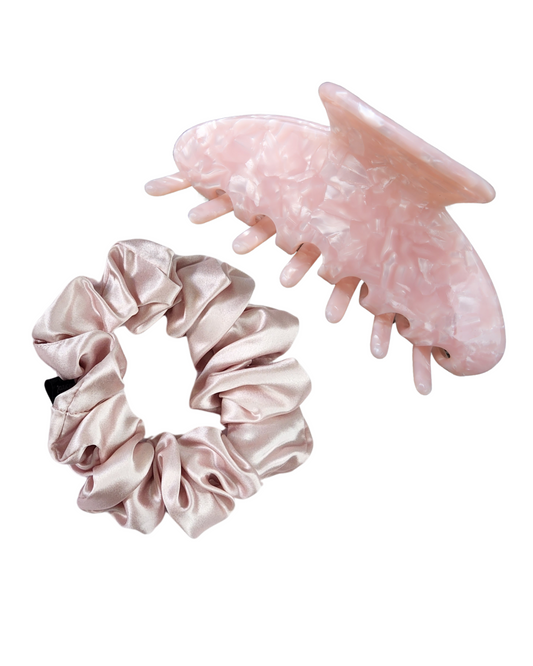 To My Forever Bridesmaid – Sugar Kiss Mulberry Silk scrunchie and Pink Sugar claw clip styled together, perfect gift for bridesmaids and wedding morning moments.