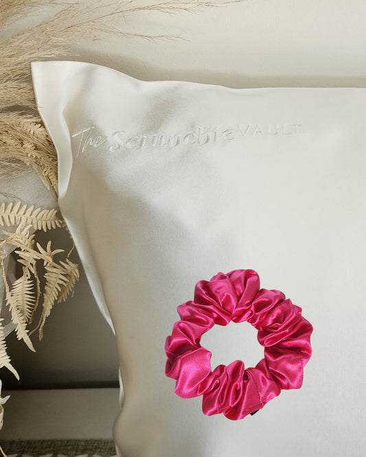 Wake & Wind Down Silk Set – 22 momme Mulberry Silk pillowcase and Classic Silk scrunchie styled together, perfect for sleep and morning hair care routine.