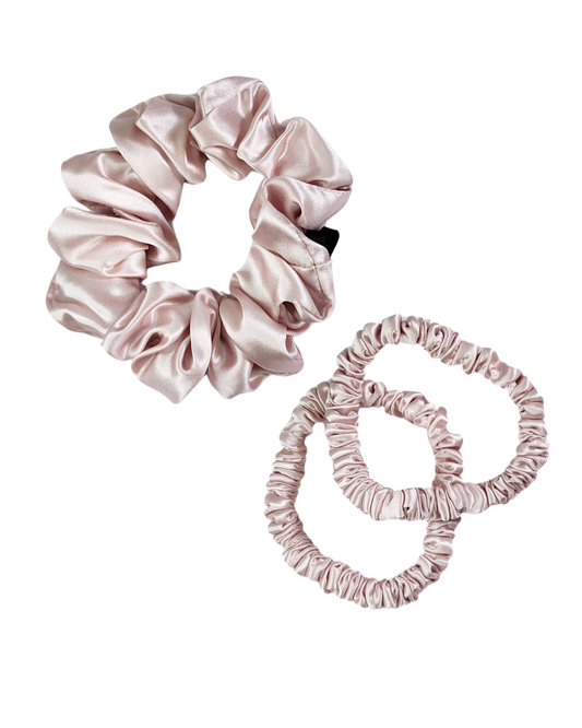 Will You Be My Bridesmaid? Set – Sugar Kiss pink Classic Silk Scrunchie and Thin Duo made from 22 momme Mulberry Silk, styled as a thoughtful bridesmaid proposal gift.