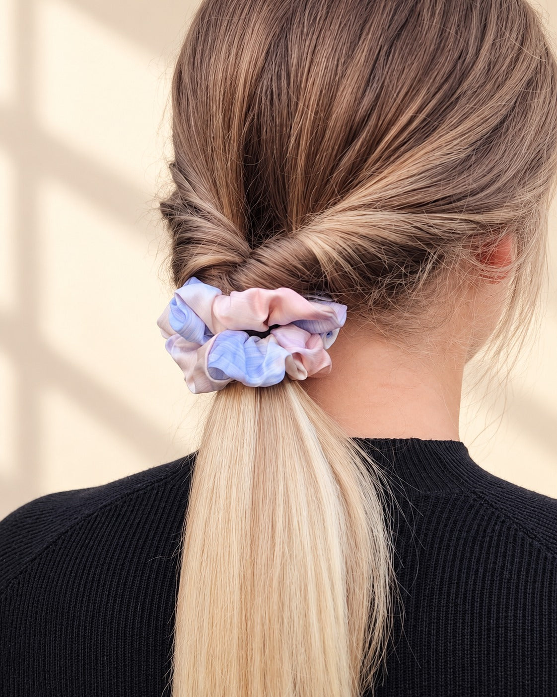 Daydream pastel silk scrunchie worn in a ponytail